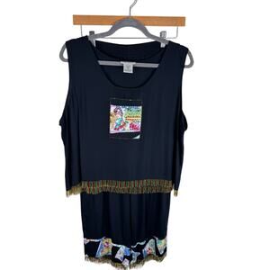 Paradiso Vintage 100% Rayon Black Colorful Beaded Tank Cropped Pants Set Size L